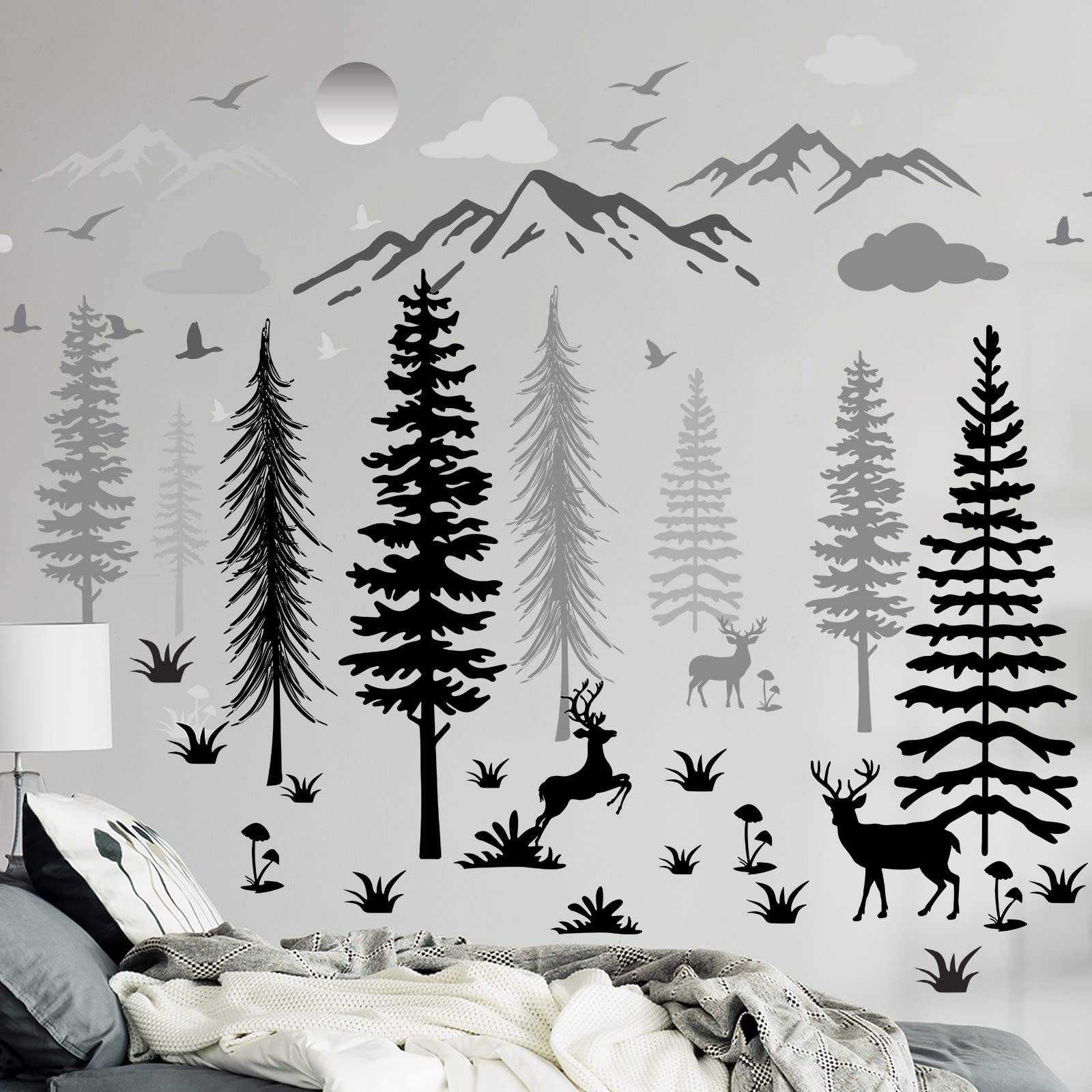 8 Pieces Winter Forest Wall Stickers Nursery Snowflake Wall Decals Dreamy Forest Wall Stickers Deer Pine Tree Wall Decals Woodland Trees Wall Decals for Kids Room Winter Decor(Black, White, Gray)