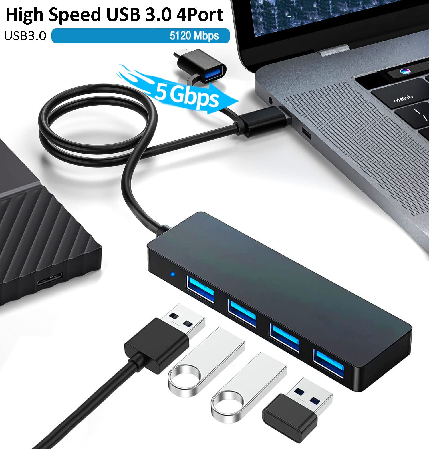 USB 3.0 Hub 2 in1 4-Port, Siawclub USB C to USB Splitter Expander for MacBook Pro, Laptop, Xbox, Flash Drive, HDD, Printer, Camera, Keyborad, Mouse