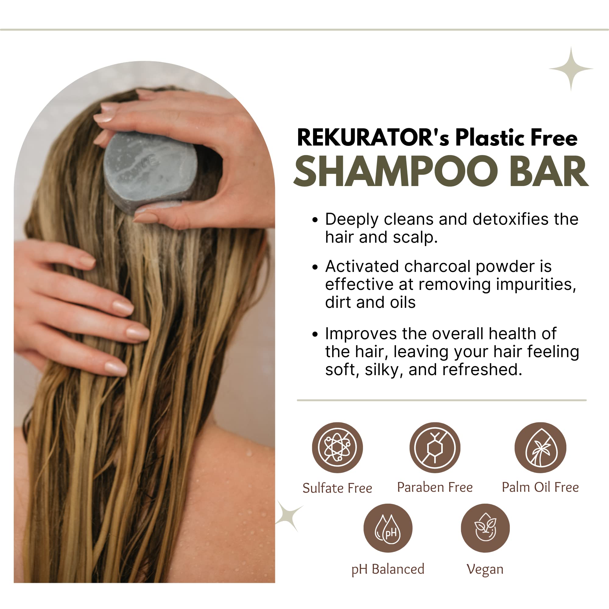 REKURATOR Detoxifying Shampoo Bar with Activated Charcoal, Brown Rice Extracts and Natural Ingredients - Sulfate-free, Paraben-free, Cruelty-free, Phthalate-free, pH balanced 100% Vegan, Zero-Waste