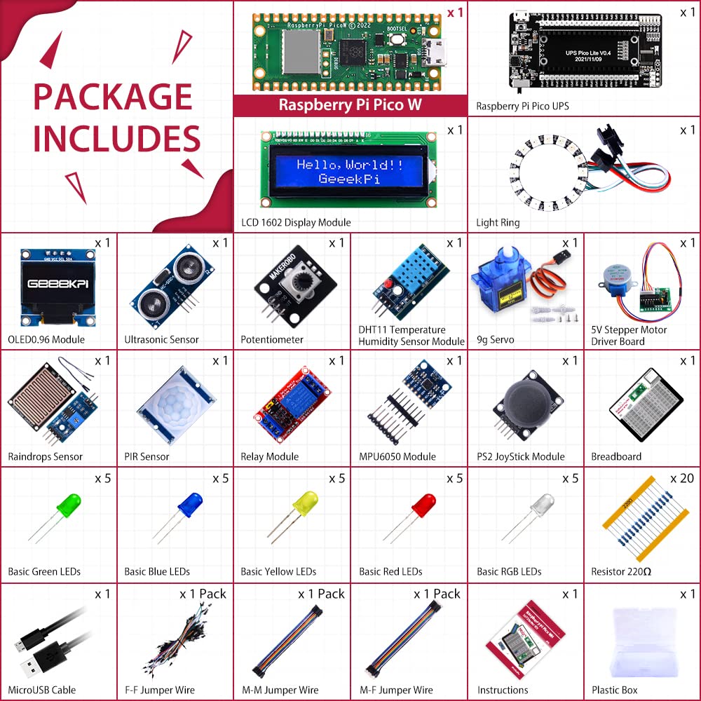 GeeekPi Raspberry Pi Pico W Ultimate Kit with Raspberry Pi Pico W with Headers, Detailed Tutorials, Project Examples, Various Items for MicroPython Programming