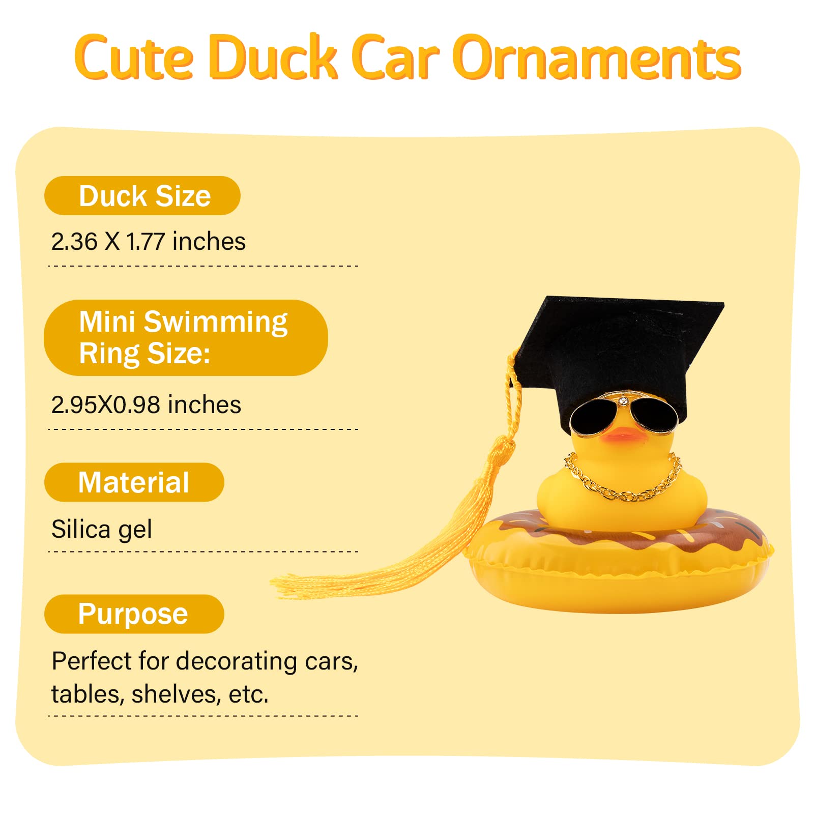 wonuu Swim Ring Rubber Ducks with Mini Diamond Glasses Hat Necklace for Cars Dashboard Decorations Car Accessories Toy Duck Car Ornament