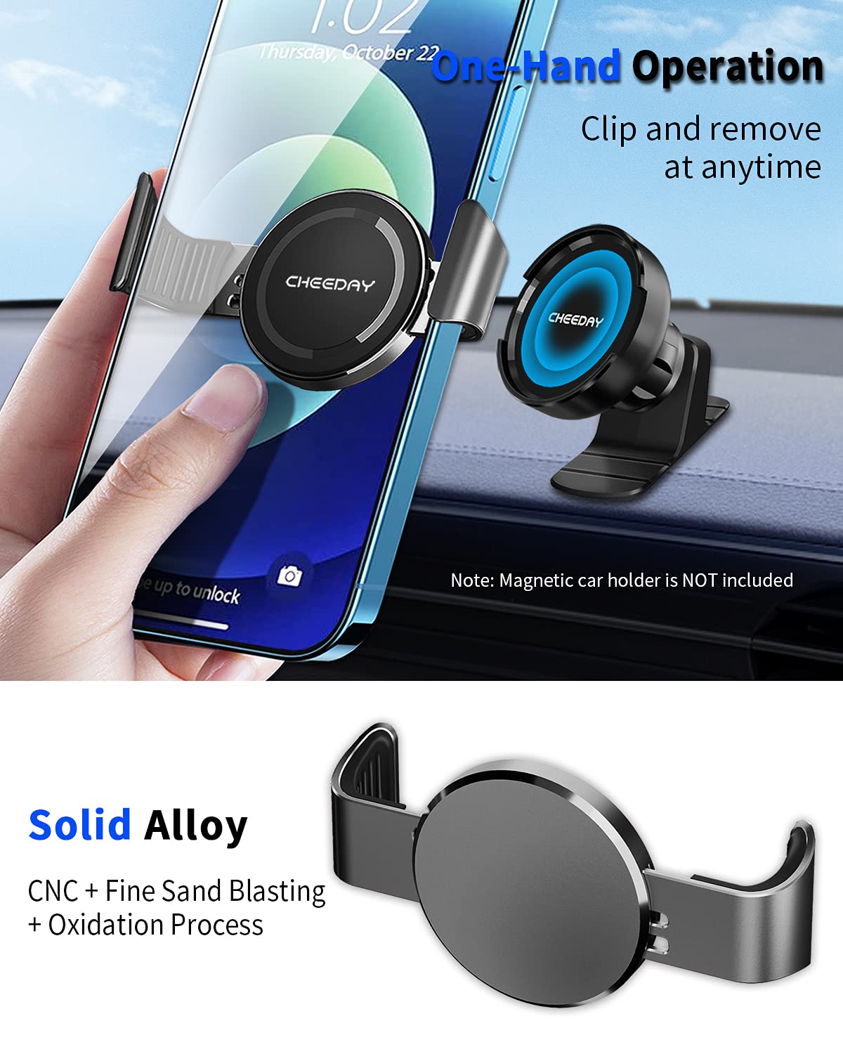 CHEEDAY Metal Phone Clamp for Magnetic Car Mount, [Clip & Remove at Anytime] Durable Metal Phone Clip for Most Magnet Phone Holder Compatible with iPhone 12 13 14 Pro Max, Samsung and More, Gray