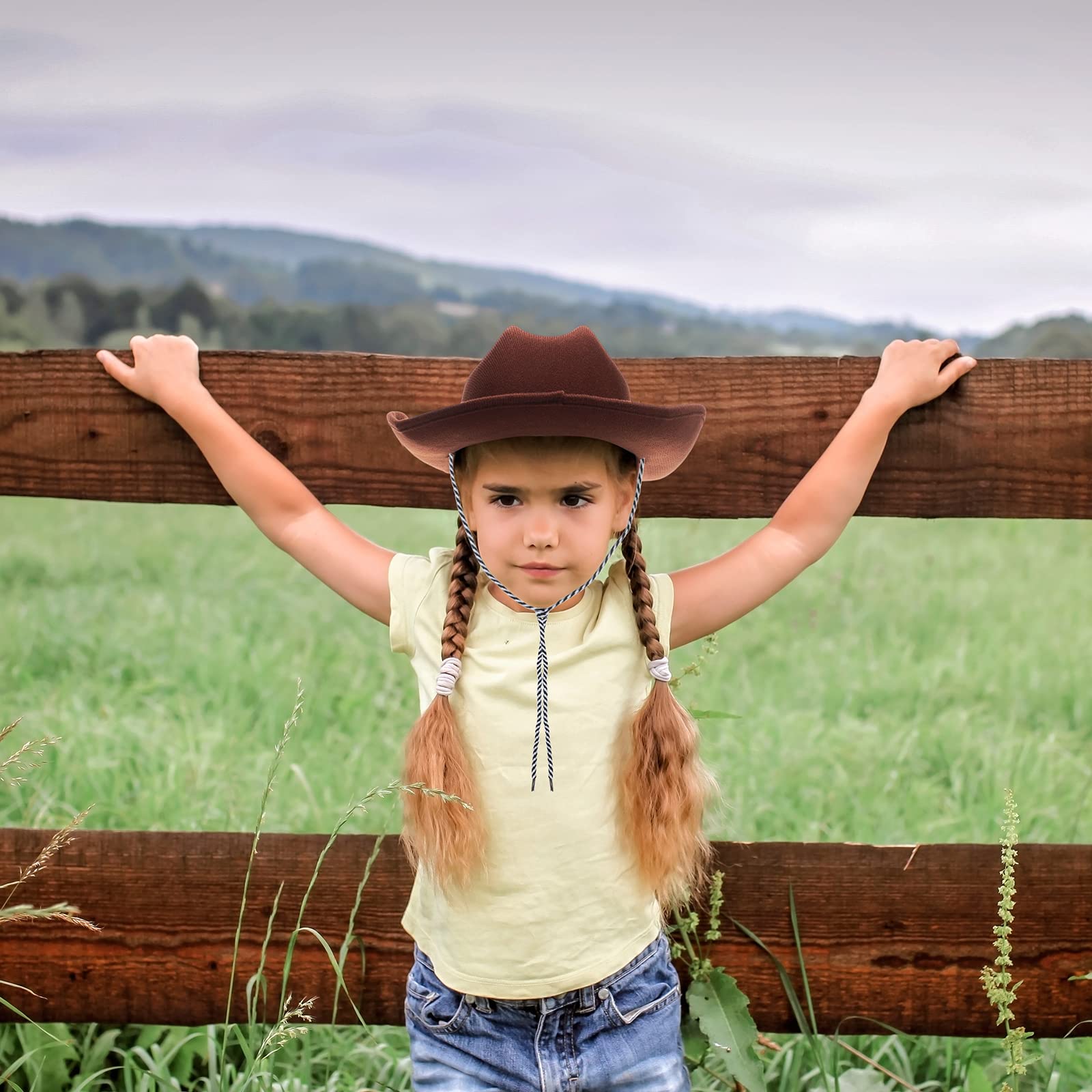 Jeyiour 2 Pieces Children Cowboy Hat Baby Sized Cowboy Hat Western Cowgirl Hat Brown Infant Hat with Adjustable Strap for Kids Girls and Boys Accessories (2-6 Years)