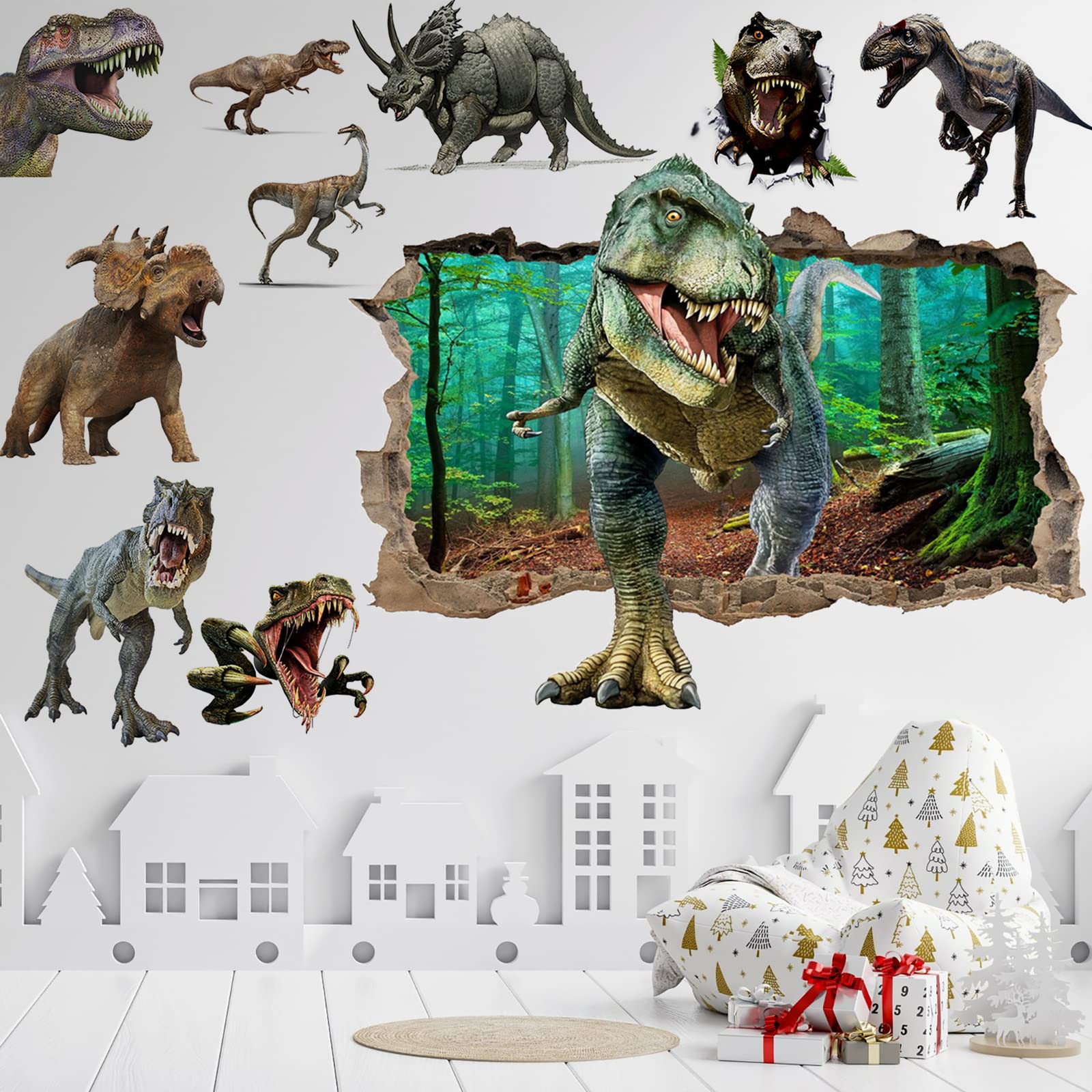 3D Dinosaur Wall Stickers Peel and Stick Vinyl Large Dino Stickers Removable Dinosaur Wall Decals for Family Living Room, Background Wall Decoration, Kids Boys Room