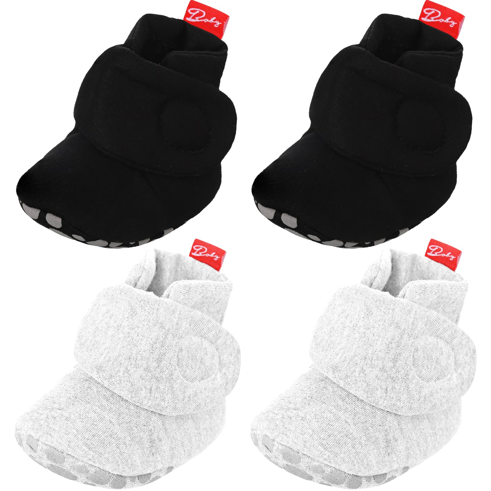 Bencailor 2Pair Baby Booties Unisex Newborn Baby Cotton Booties Warm Sock Shoes Nonslip Stay on Baby Shoes with Gripper Soles (Black, White,6-12 Months)