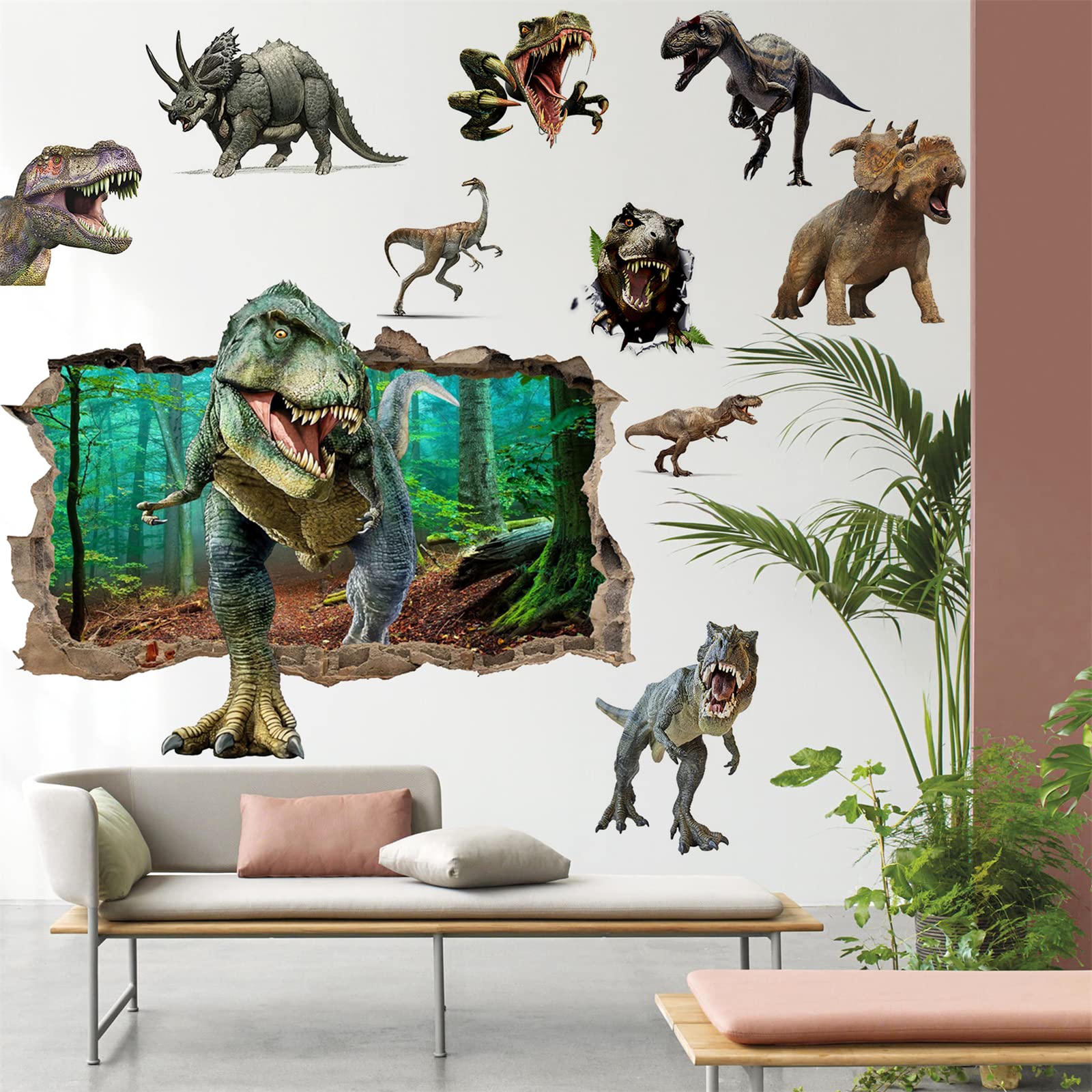 3D Dinosaur Wall Stickers Peel and Stick Vinyl Large Dino Stickers Removable Dinosaur Wall Decals for Family Living Room, Background Wall Decoration, Kids Boys Room