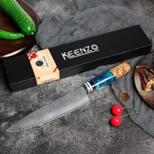 KEENZO Damascus Chef Knife 8 inch, Professional Kitchen Knives set, Sharp High Carbon Stainless Steel Cooking Knife, Ergonomic Blue Resin & Natural Wood Handle with Gift Box for Home & Restaurant