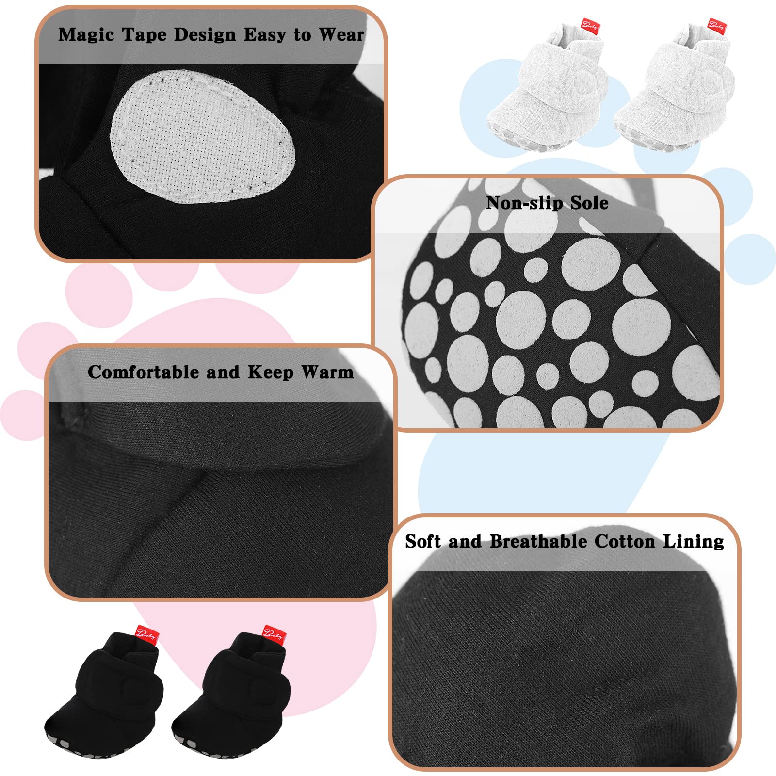 Bencailor 2Pair Baby Booties Unisex Newborn Baby Cotton Booties Warm Sock Shoes Nonslip Stay on Baby Shoes with Gripper Soles (Black, White,6-12 Months)