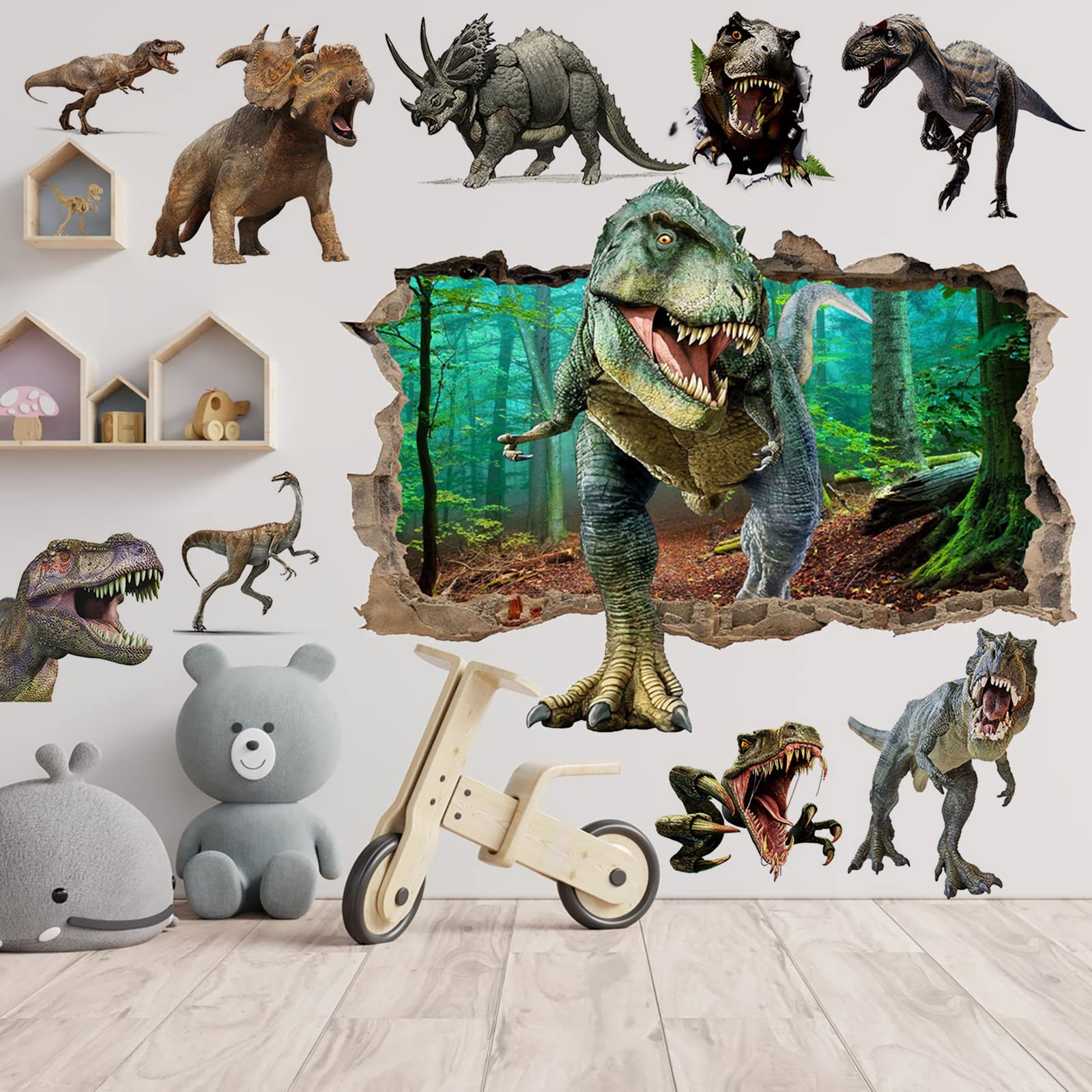 3D Dinosaur Wall Stickers Peel and Stick Vinyl Large Dino Stickers Removable Dinosaur Wall Decals for Family Living Room, Background Wall Decoration, Kids Boys Room