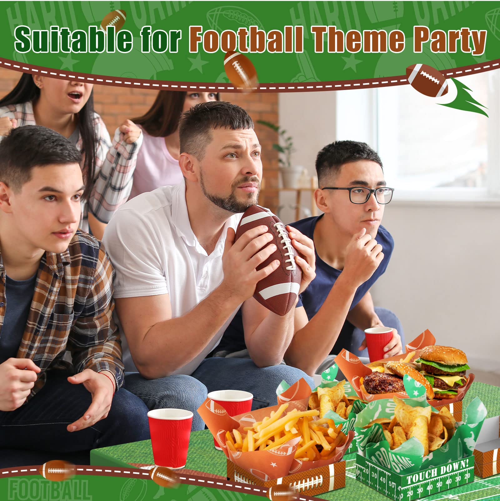 Axyi 50 Pack Football Party Paper Food Trays, Superbowl Party Decorations, Disposable Food Serving Paper, Football Party Food Boats Hot Dog Trays Movie Snack Trays, Combination