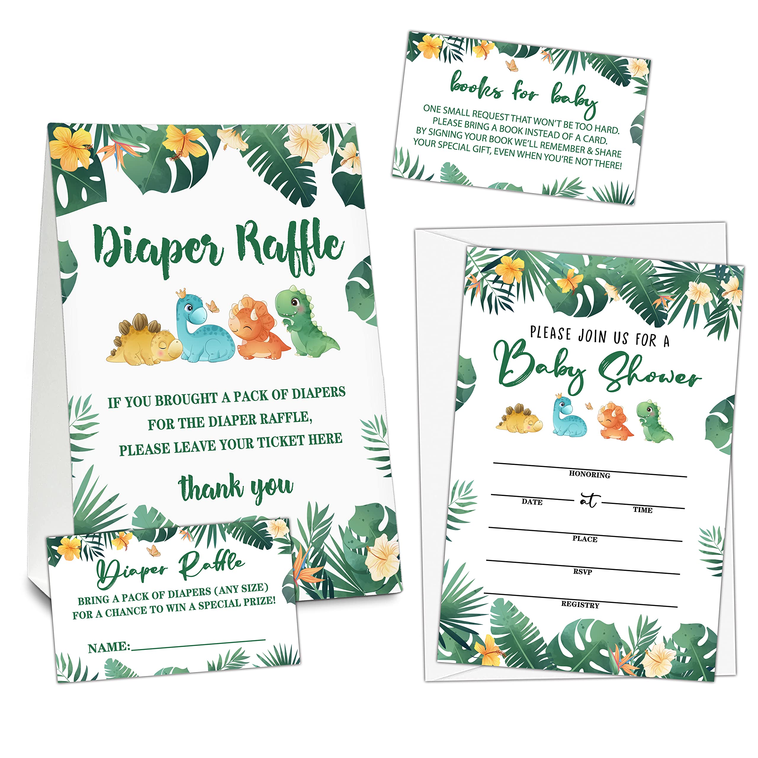 Woodland Baby Shower Set, 25 Invitation Cards With Envelopes (4" x 6") - 1 Diaper Raffle Self-Standing Sign With 25 Game Cards & 25 Book Request Cards - a05-2