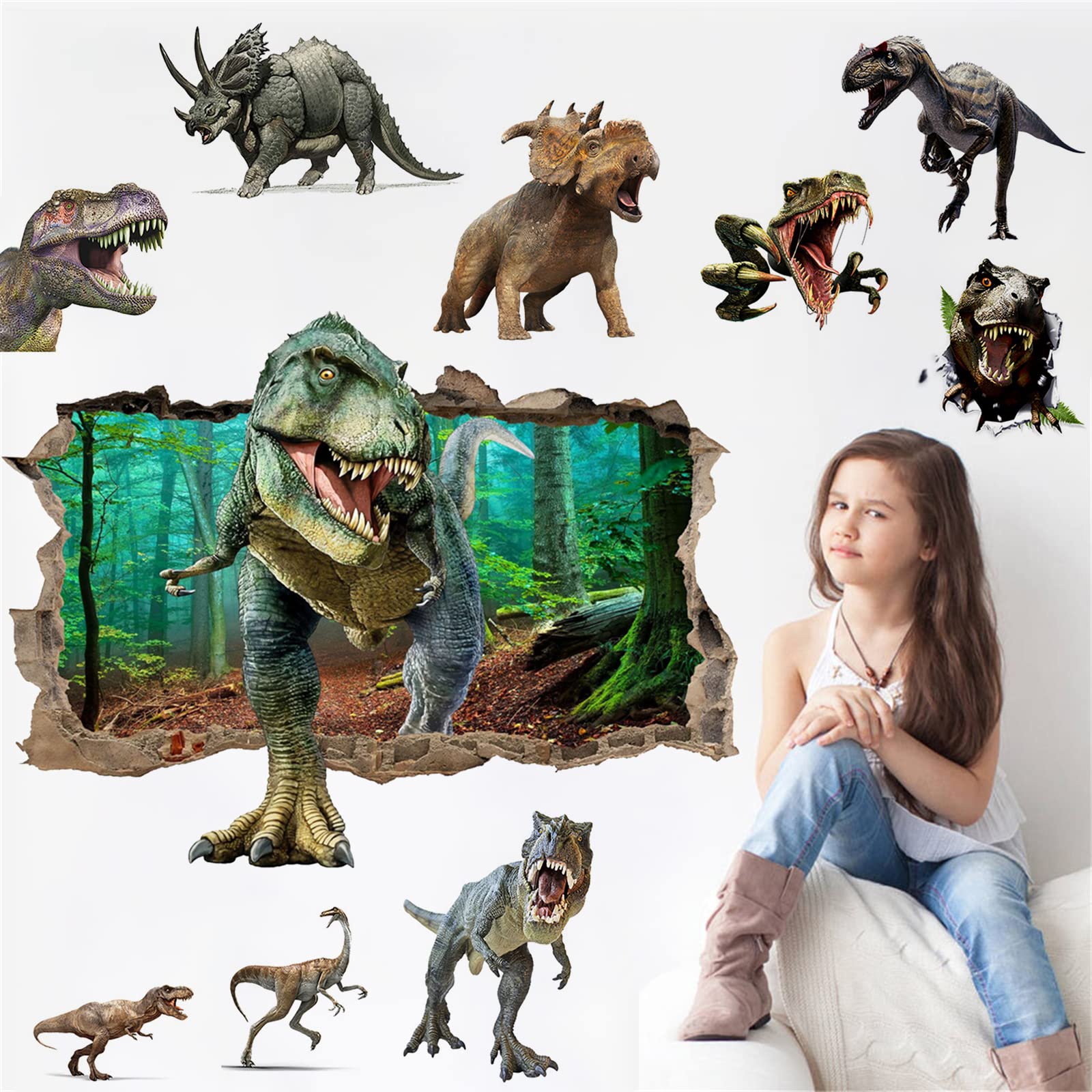 3D Dinosaur Wall Stickers Peel and Stick Vinyl Large Dino Stickers Removable Dinosaur Wall Decals for Family Living Room, Background Wall Decoration, Kids Boys Room