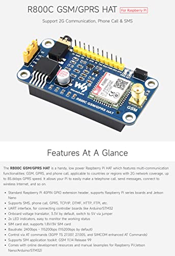 Waveshare R800C GSM/GPRS HAT Compatible with Raspberry Pi and Jetson Nano, Support 2G Communication Phone Call and SMS