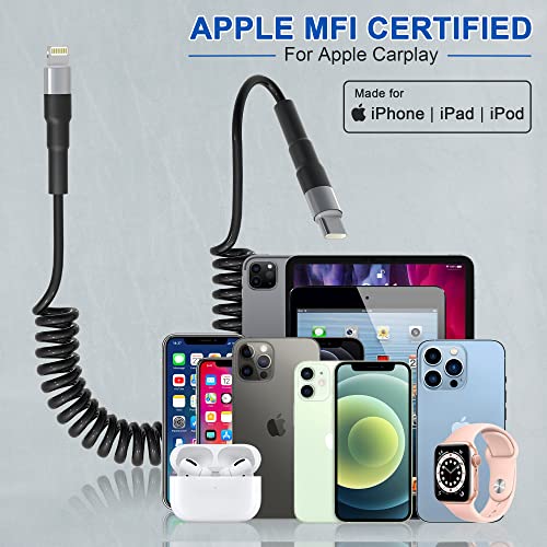 Coiled USB-C to Lightning Cable, Apple Carplay Compatible & MFi Certified, Car USB C Lightning Cable with Data Transmission and LED, iPhone Retractable USBC Charger for iPhone/Pad/Pod