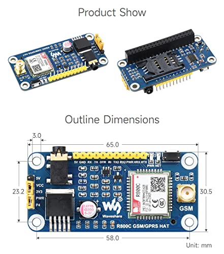 Waveshare R800C GSM/GPRS HAT Compatible with Raspberry Pi and Jetson Nano, Support 2G Communication Phone Call and SMS