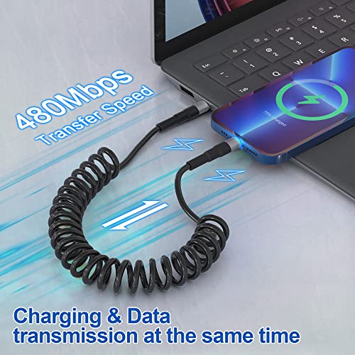 Coiled USB-C to Lightning Cable, Apple Carplay Compatible & MFi Certified, Car USB C Lightning Cable with Data Transmission and LED, iPhone Retractable USBC Charger for iPhone/Pad/Pod