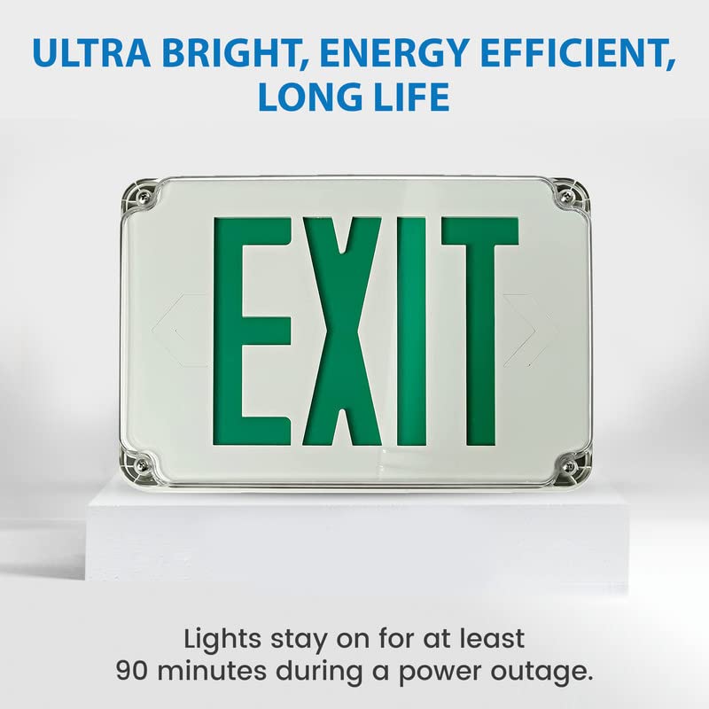 Ciata 2 Pack Green LED Emergency Exit Sign for Fire Escapes, Doors, and Hallways, Indoor and Outdoor Safety, Waterproof Wet Rated, Battery Backup, Universal Wall or Ceiling Mount