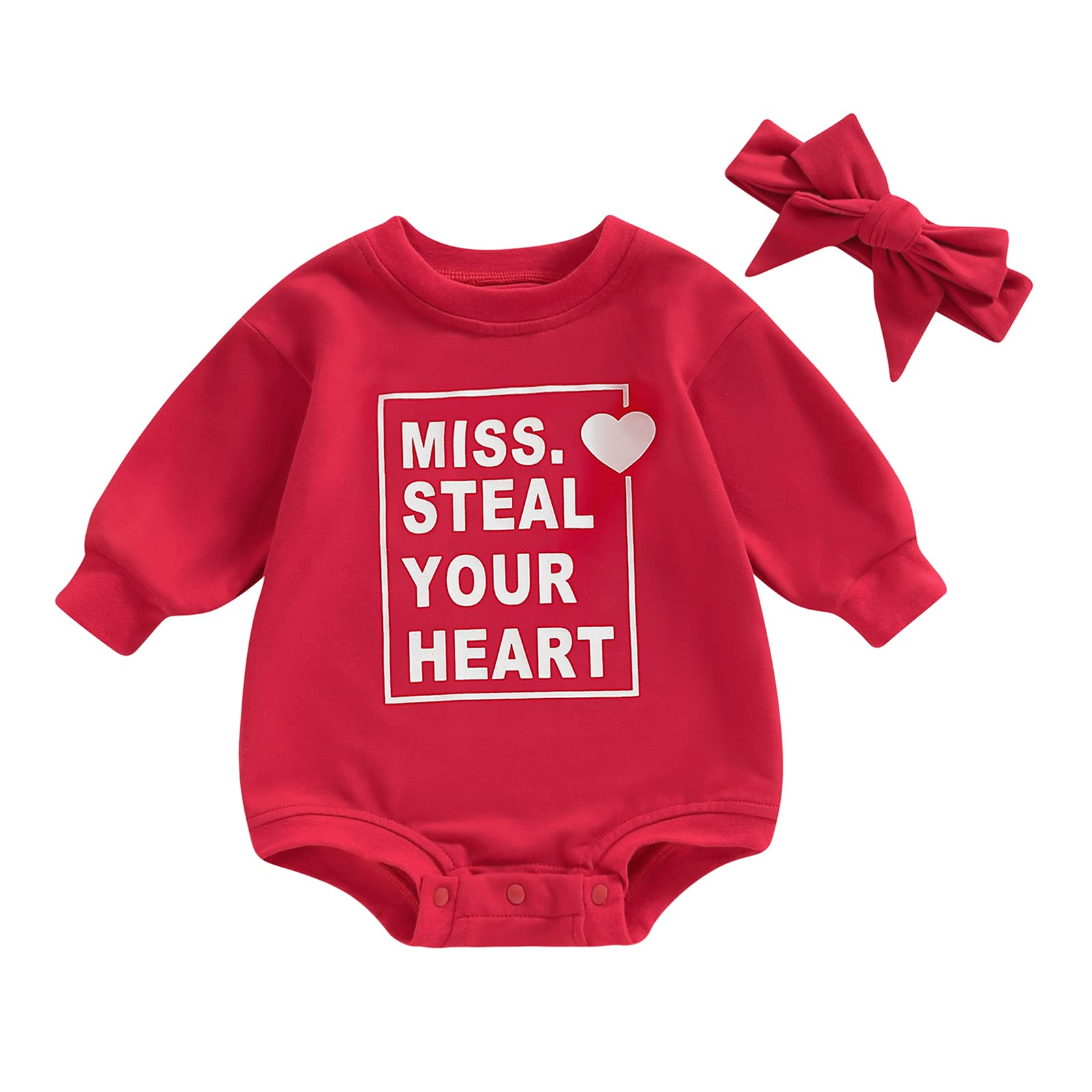 vchoohce Baby Girl Boy Valentine's Day Outfit Miss Steal Your Heart Romper Long Sleeve Oversized Onesie Fall Winter Clothes (Miss. Steal Your Heart-Red,18-24 Months)