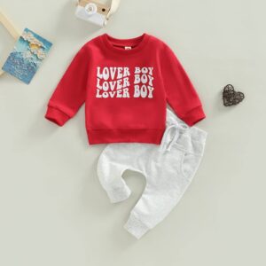 Chzstarly Toddler Baby Boy Valentine's Day Outfits Lover Boy Sweatshirt Long Sleeve Tops Infant Casual Fall Clothes (A-Red, 12-18 Months)