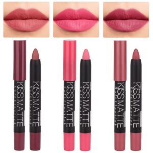 evpct 3pcs light natural pink metallic matte lip liner pencil crayon and lipstick set long lasting waterproof dnm matching lipstick and lip liner set 24 hour labiales mate 24 horas originales 1&4&7