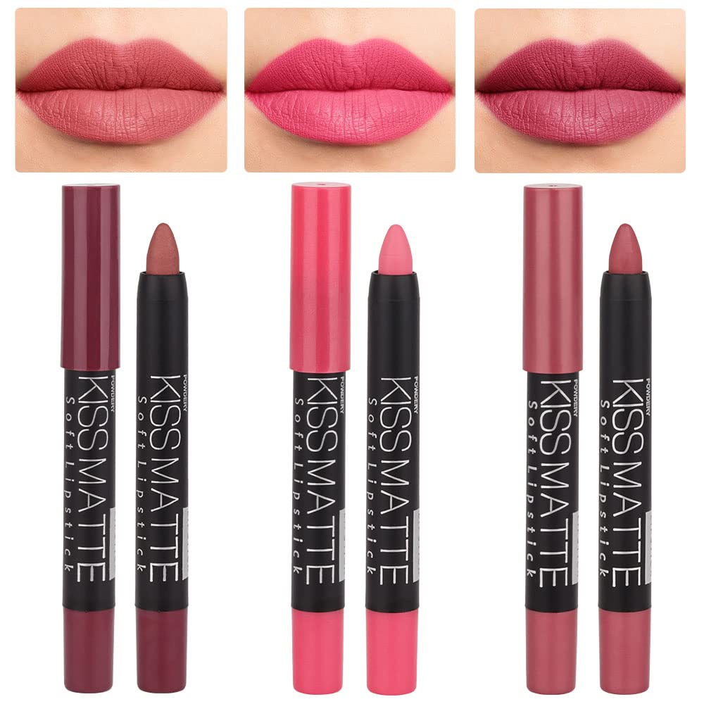 evpct 3Pcs Light Natural Pink Metallic Matte Lip Liner Pencil Crayon and Lipstick Set Long Lasting Waterproof DNM Matching Lipstick and Lip Liner Set 24 Hour labiales mate 24 horas originales 1&4&7