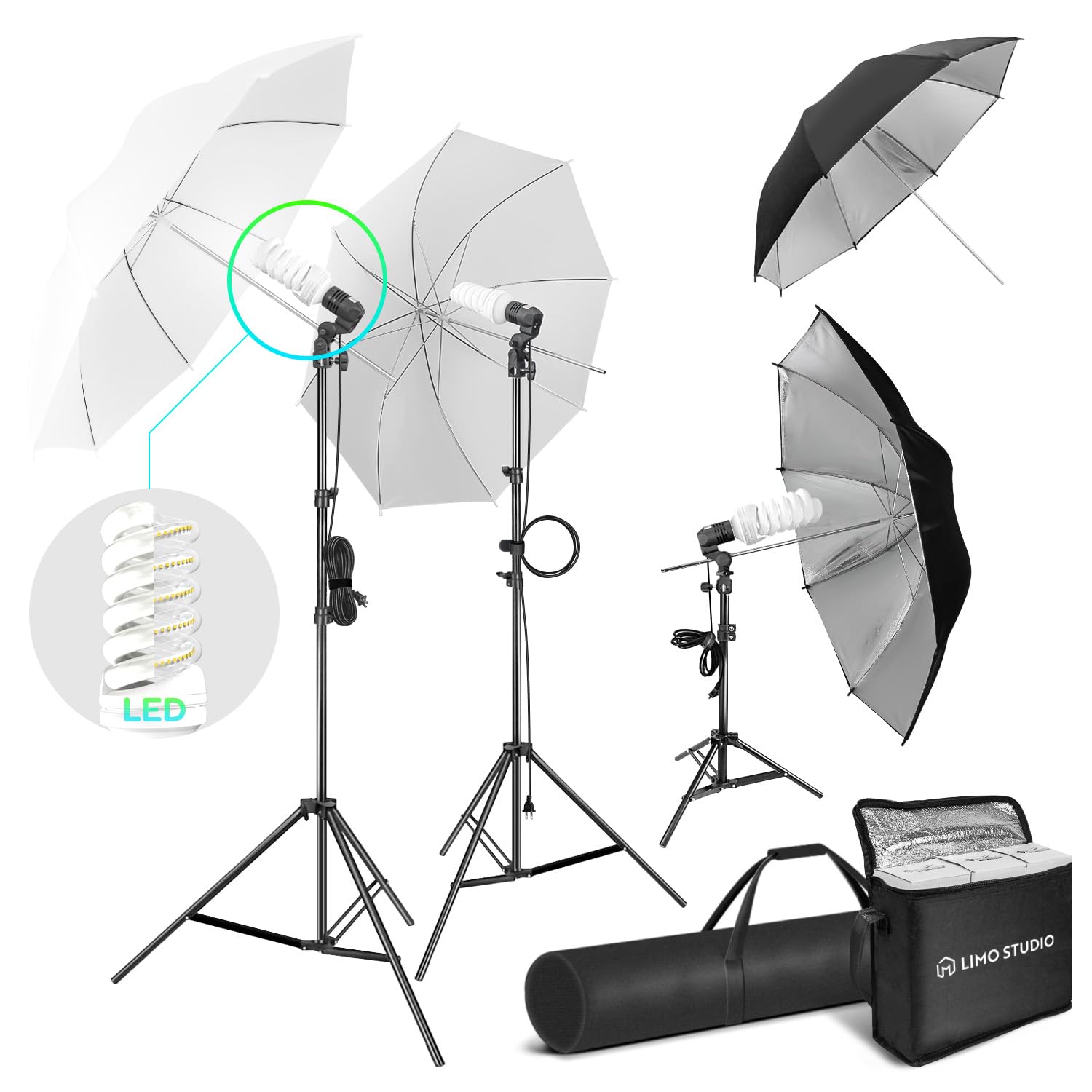 LimoStudio, 900W LED Output Lighting Series, LMS104, Soft Continuous LED Lighting Kit for White and Black Umbrella Reflector with LED Spiral Bulbs, Accessory and Carry Bag