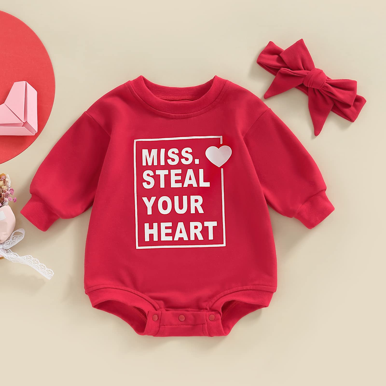 vchoohce Baby Girl Boy Valentine's Day Outfit Miss Steal Your Heart Romper Long Sleeve Oversized Onesie Fall Winter Clothes (Miss. Steal Your Heart-Red,18-24 Months)