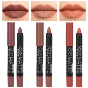 evpct 3pcs nude beige dark light brown yellow matte lipstick and lip crayon lip liner stick pencil duo makeup set long lasting 24 hour waterproof lip gloss labiales mate 24 horas originales 08&17&19