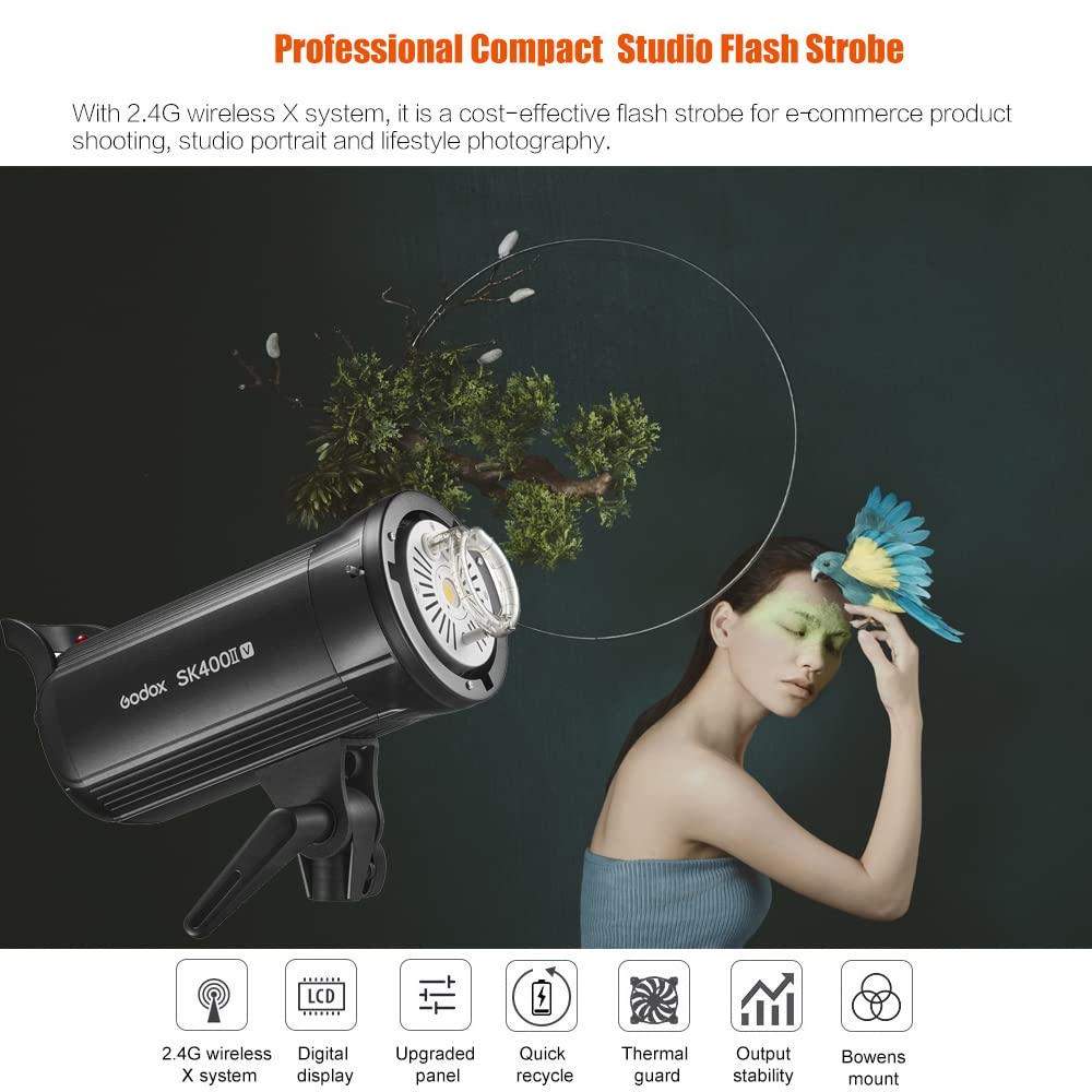 Godox SK400II-V Upgraded Studio Flash Light 400Ws Power 5600±200K Strobe Light with LED Modeling Lamp Bowens Mount Photography Flashes for Advertising Photography