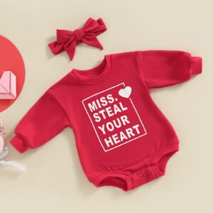 vchoohce Baby Girl Boy Valentine's Day Outfit Miss Steal Your Heart Romper Long Sleeve Oversized Onesie Fall Winter Clothes (Miss. Steal Your Heart-Red,18-24 Months)