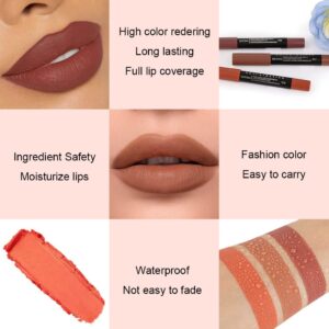 evpct 3Pcs Nude Beige Dark Light Brown Yellow Matte Lipstick and Lip Crayon Lip Liner Stick Pencil duo Makeup Set Long Lasting 24 Hour Waterproof Lip Gloss labiales mate 24 horas originales 08&17&19