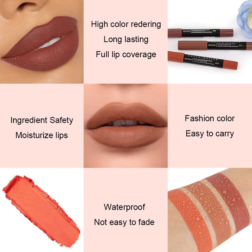 evpct 3Pcs Nude Beige Dark Light Brown Yellow Matte Lipstick and Lip Crayon Lip Liner Stick Pencil duo Makeup Set Long Lasting 24 Hour Waterproof Lip Gloss labiales mate 24 horas originales 08&17&19