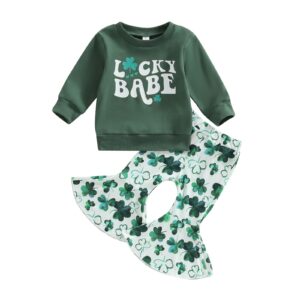 fiomva toddler baby girl st patrick's day outfit luck of the irish long sleeve lucy babe sweatshirt top clover bell bottoms pants set 2pcs