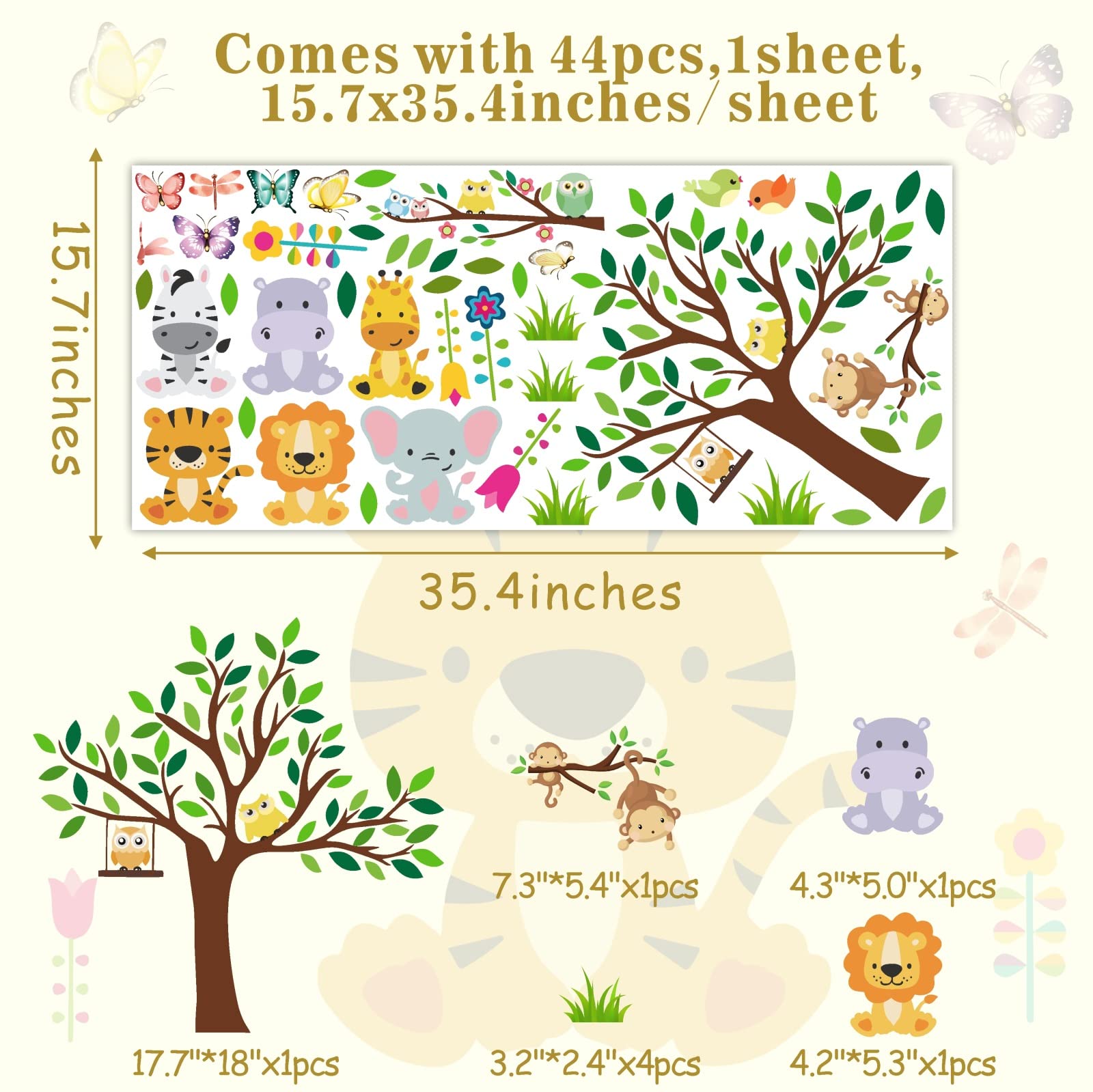 Cartoon Animal Wall Stickers Forest Tree Animal Wall Stickers Jungle Animal Wall Decals Woodland Animal Wall Decals Cute Zoo Animal Wall Stickers for Kids Room Playroom Nursery Decor