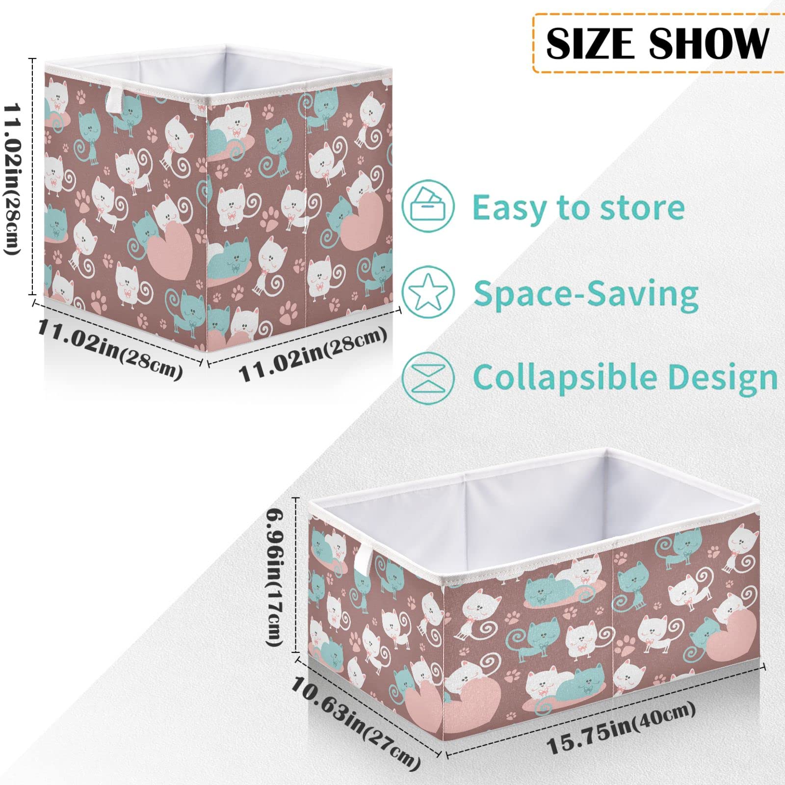 visesunny Closet Baskets Cat in Love Storage Bins Fabric Baskets for Organizing Shelves Foldable Storage Cube Bins for Clothes, Toys, Baby Toiletry, Office Supply