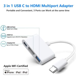 USB-C Digital AV Multiport Adapter, Apple MFi Certified Digital AV Dongle with HDMI 4K@60Hz & USB-A 3.0 & 100W Charge for iPhone 15, MacBook Pro Air M1 M2 M3, iPad Pro, iMac, Samsung S24 and More