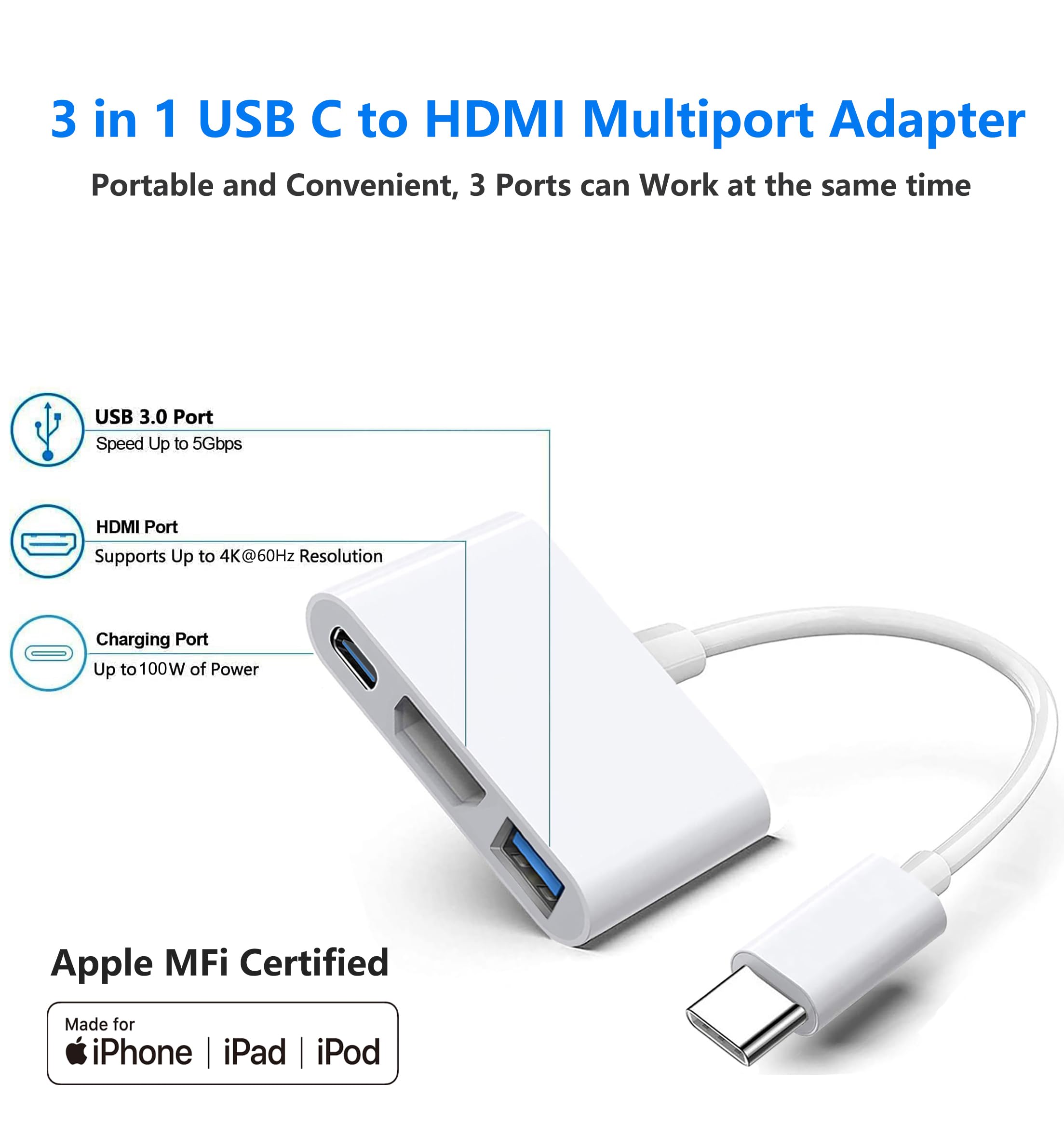 USB-C Digital AV Multiport Adapter, Apple MFi Certified Digital AV Dongle with HDMI 4K@60Hz & USB-A 3.0 & 100W Charge for iPhone 15, MacBook Pro Air M1 M2 M3, iPad Pro, iMac, Samsung S24 and More