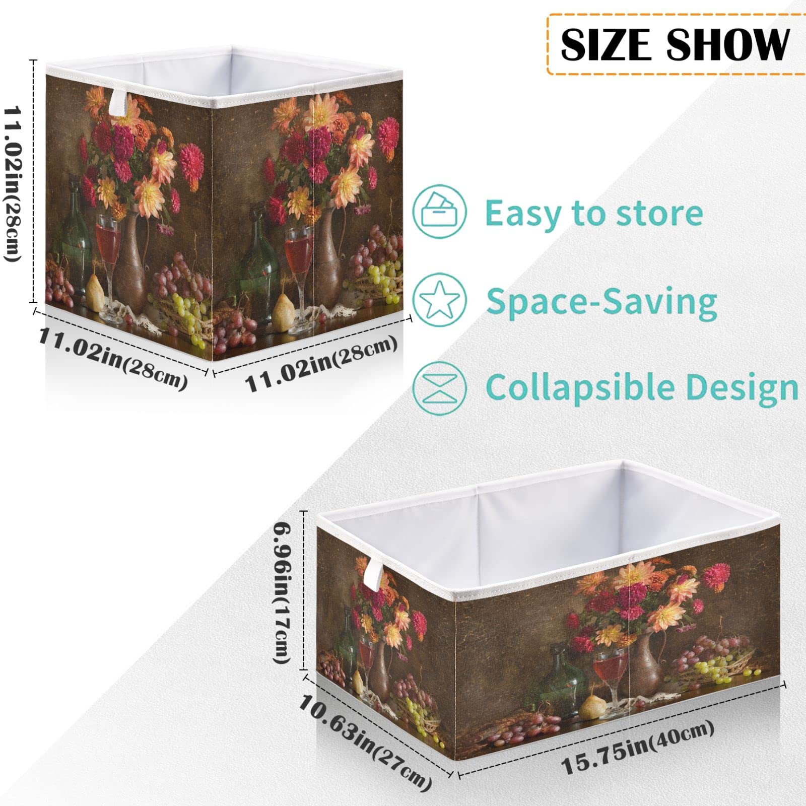 visesunny Closet Baskets Flower Grape and Wine Storage Bins Fabric Baskets for Organizing Shelves Foldable Storage Cube Bins for Clothes, Toys, Baby Toiletry, Office Supply