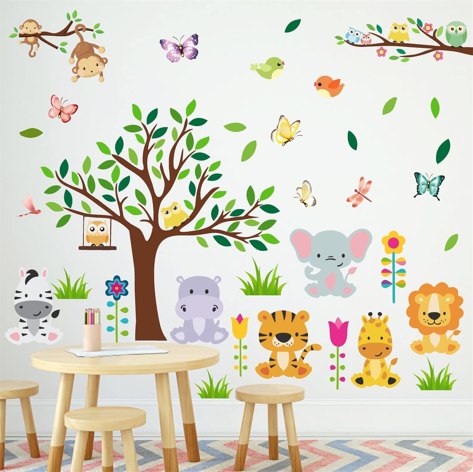 Cartoon Animal Wall Stickers Forest Tree Animal Wall Stickers Jungle Animal Wall Decals Woodland Animal Wall Decals Cute Zoo Animal Wall Stickers for Kids Room Playroom Nursery Decor