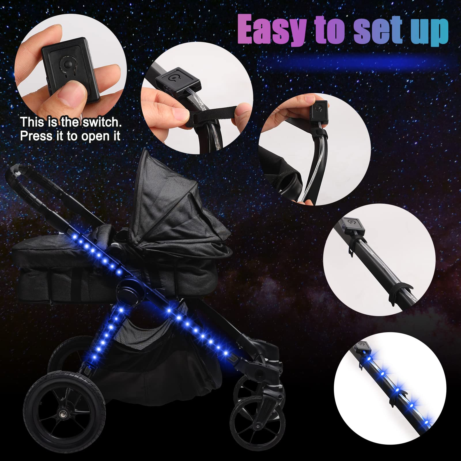 4 Sets Stroller Lights for Night, LED Lights for Baby Strollers, Walking Light for Strollers Battery Powered Safety Strip Light for Scooter, Bikes, Baby Strollers Accessories, Blue