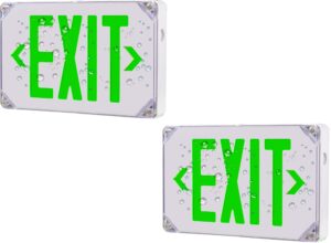 ciata 2 pack green led emergency exit sign for fire escapes, doors, and hallways, indoor and outdoor safety, waterproof wet rated, battery backup, universal wall or ceiling mount