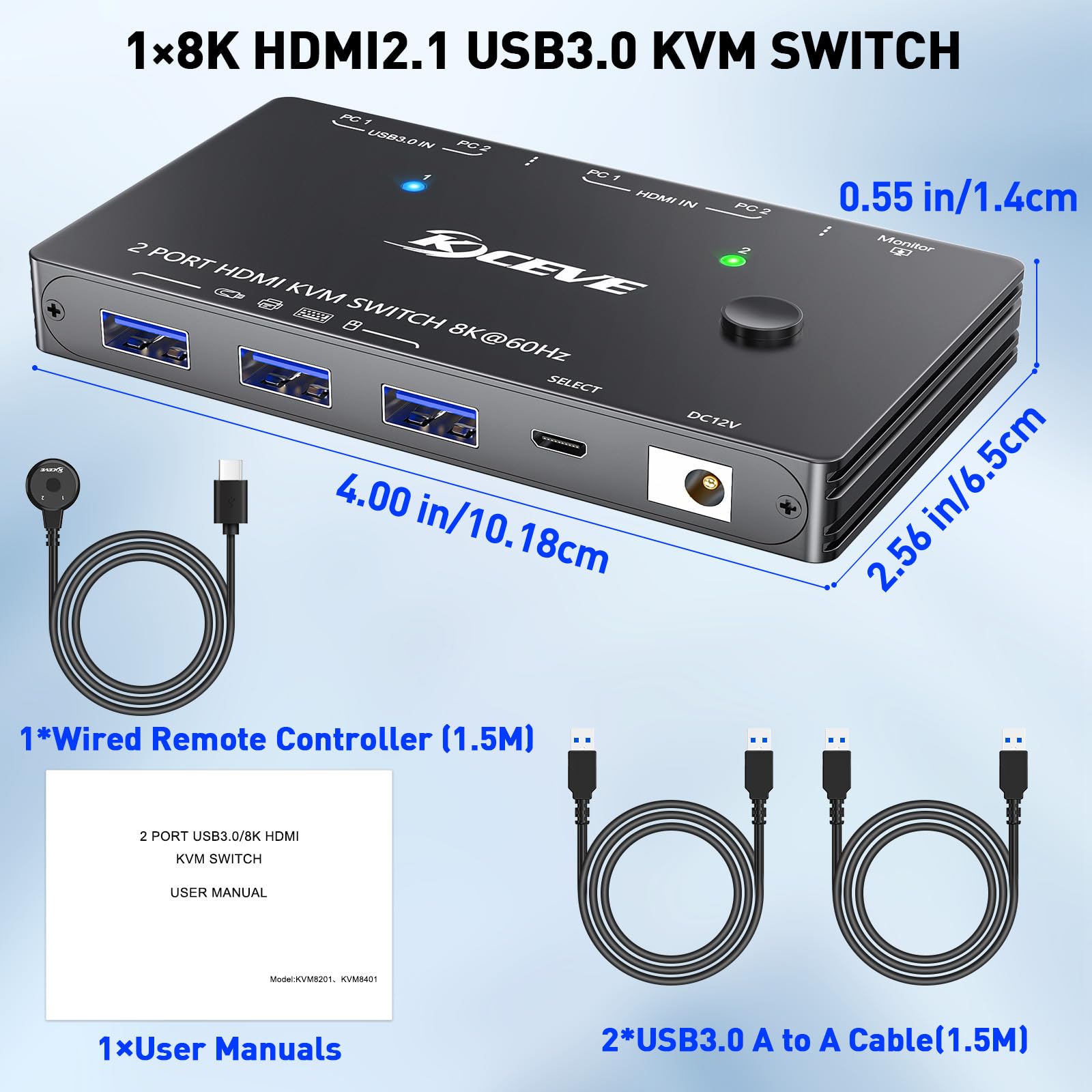 KVM Switch HDMI 2 Port Box, 8K@60Hz USB3.0 HDMI2.1 Switch for 2 Computers Share Keyboard Mouse Printer and one HD Monitor,Support UHD 4K@120Hz,with 2 USB Cable,Power Adapter and Controller