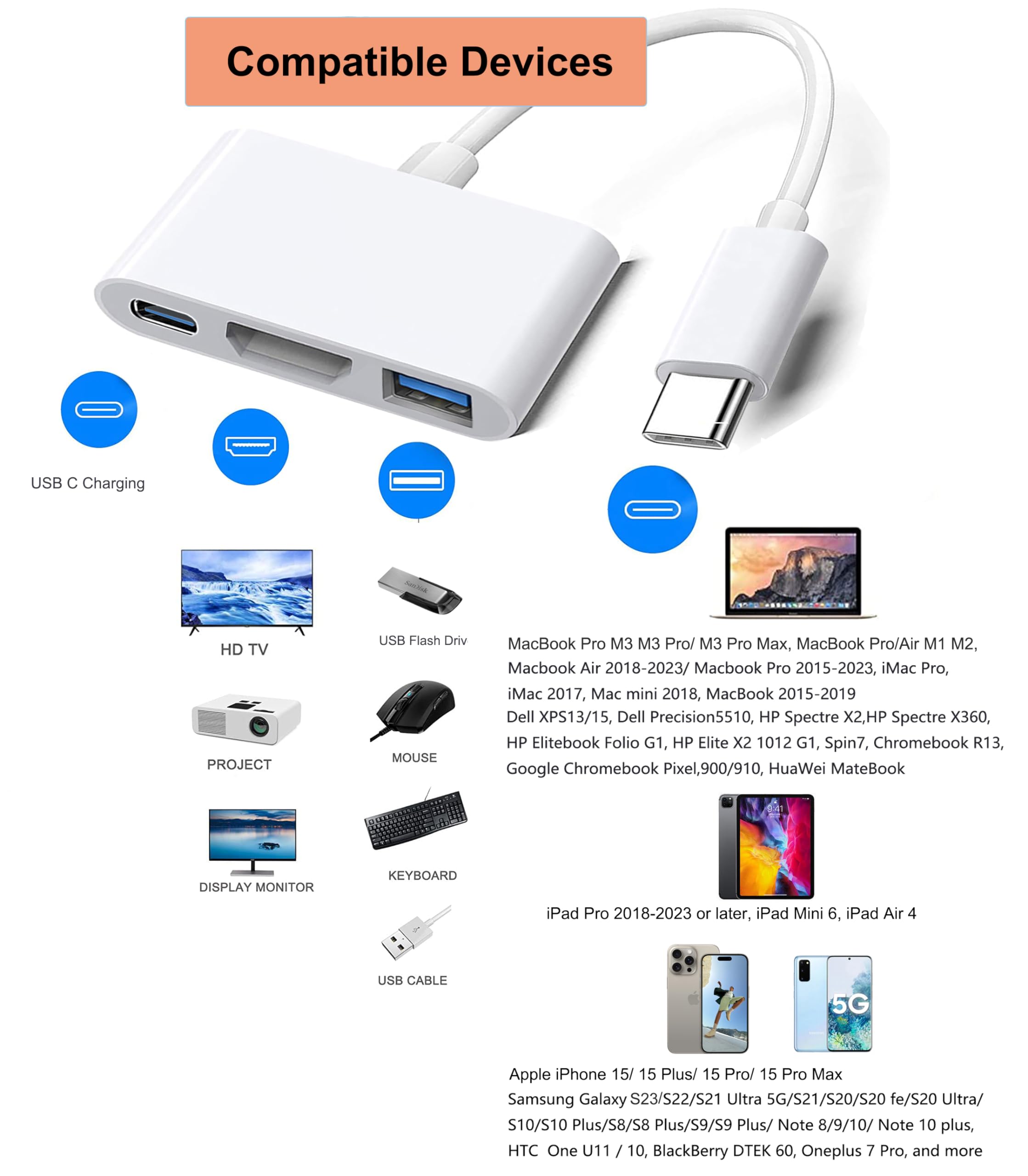 USB-C Digital AV Multiport Adapter, Apple MFi Certified Digital AV Dongle with HDMI 4K@60Hz & USB-A 3.0 & 100W Charge for iPhone 15, MacBook Pro Air M1 M2 M3, iPad Pro, iMac, Samsung S24 and More