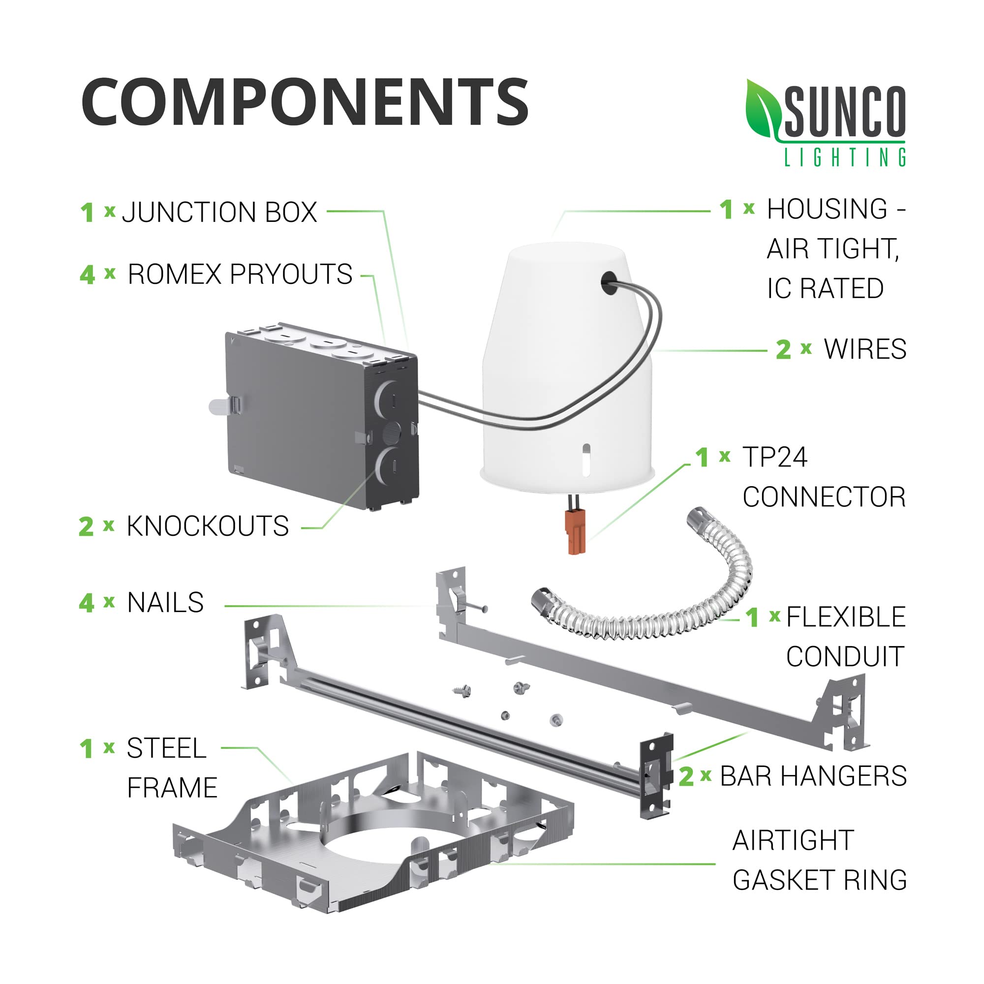 Sunco 24 Pack 4 Inch Recessed Lighting Housing Can Light New Construction Air Tight Steel Ceiling Can 120-277V Hard Wired TP24 Connector Easy Install IC Rated, UL Listed