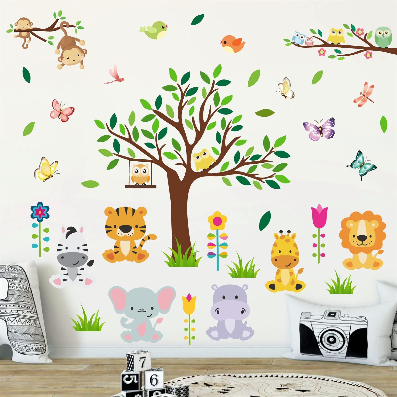 Cartoon Animal Wall Stickers Forest Tree Animal Wall Stickers Jungle Animal Wall Decals Woodland Animal Wall Decals Cute Zoo Animal Wall Stickers for Kids Room Playroom Nursery Decor