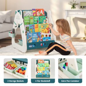 HONEY JOY Kids Table and Chair Set, 3 in 1 Convertible Art Easel & Display Bookshelf w/Magnetic Painting Board, Bottom Storage Shelf, Children Activity Table Set for Drawing Reading (Green)