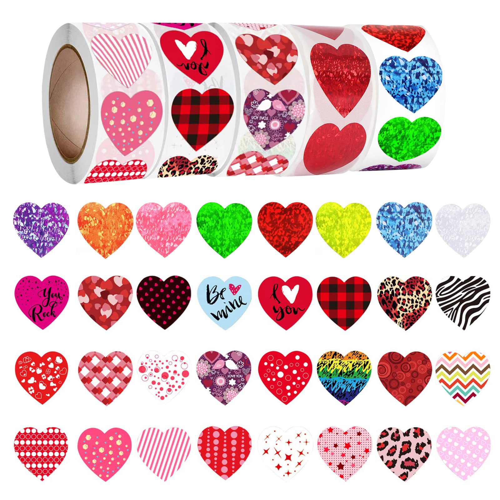 Multi-Colored Heart Stickers for Valentine Day - 1" Adhesive Heart Stickers for Envelopes 500 Per Roll, Personalized Valentines Day Love Stickers for Birthday, Wedding and Festival (2500 Pieces）