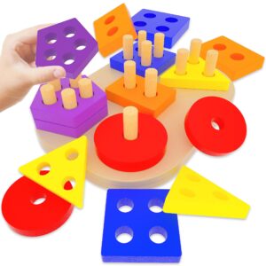 lkyoxs montessori toys for 1 2 3 year old toddlers wooden shape sorter puzzles sorting & stacking toys educational learning toys for preschool activity gift for baby boys girls kids age 12+ months