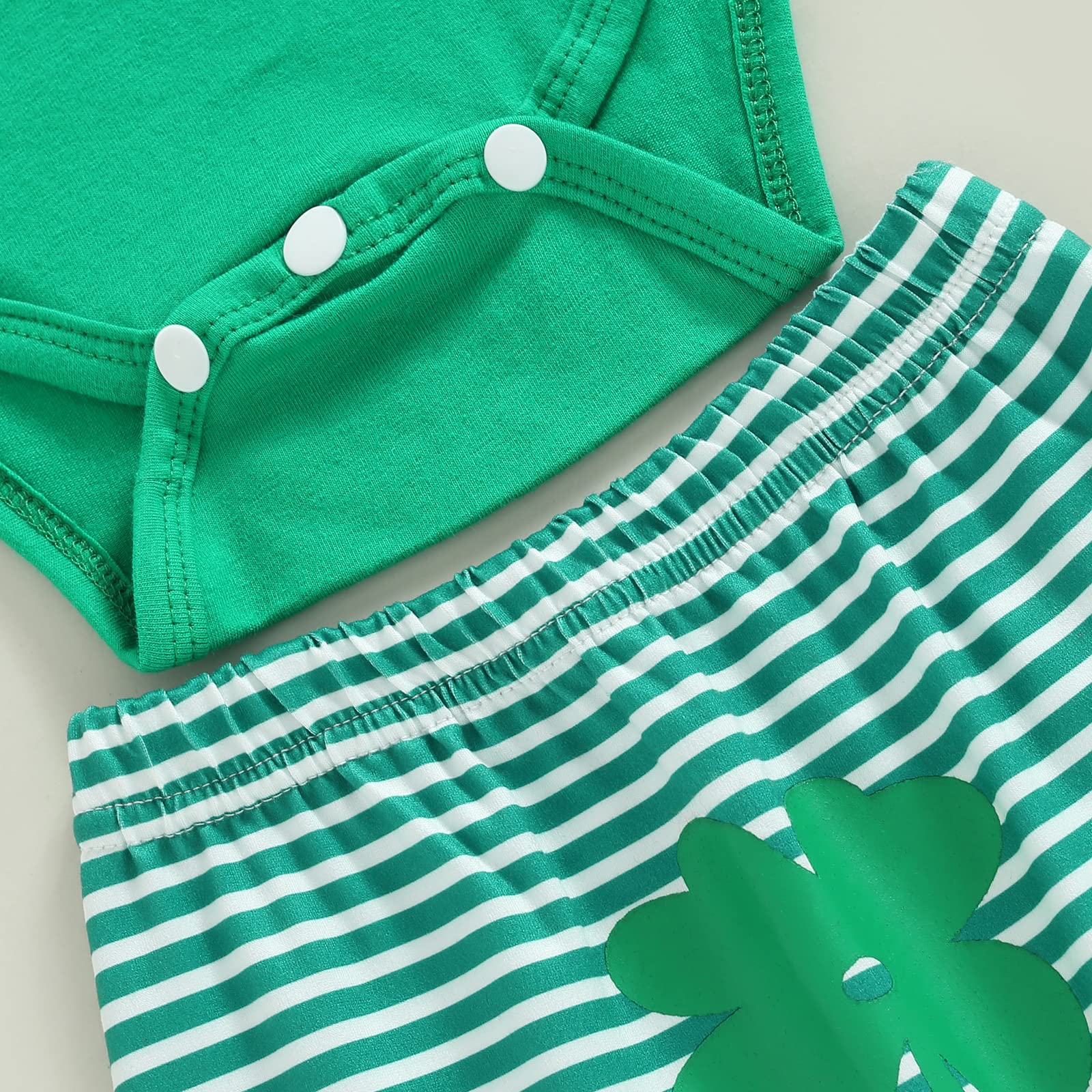 FIOMVA St. Patricks Day Outfit Set, Green 2Pcs Romper Bodysuit+Striped Pants, Infant Boys/Girls Clothing, 6-12 Months