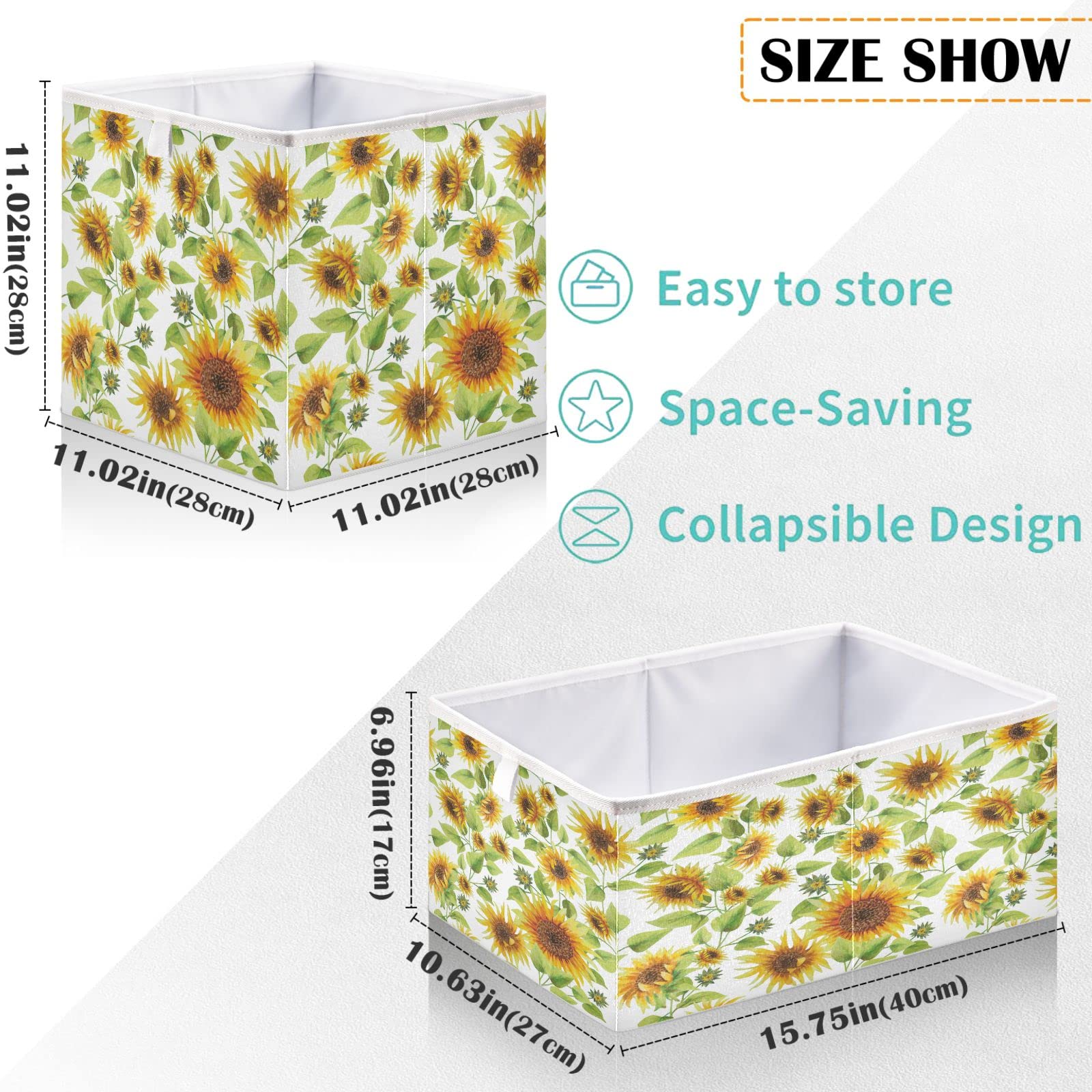 visesunny Closet Baskets Sunflower with Green Leaf Storage Bins Fabric Baskets for Organizing Shelves Foldable Storage Cube Bins for Clothes, Toys, Baby Toiletry, Office Supply